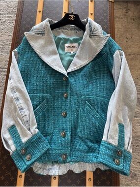 Authentic CHANEL Teal Tweed with Light Denim Sleeve Kids Jacket